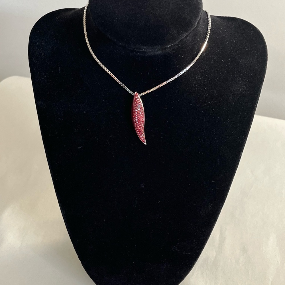 Swarovski Red Crystal Enamel Silver Tone Box Style Chain Pendant Necklace EUC - Picture 3 of 15